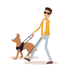 chico joven con gafas de sol silbando guiado por su perro guía y con un bastón